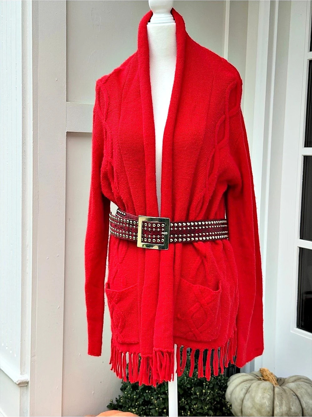Coldwater Creek Red Fringe Cable Knit Cardigan